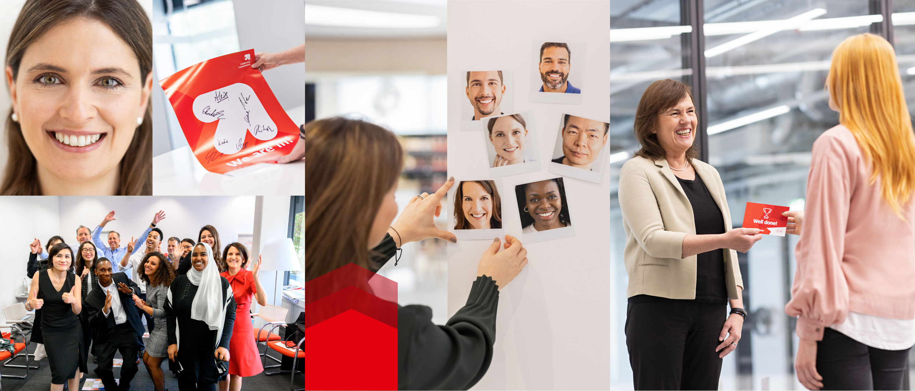 En collage av Henkels arbeidsmiljø. Våre Henkel-ansatte spiller alltid i et lag. 