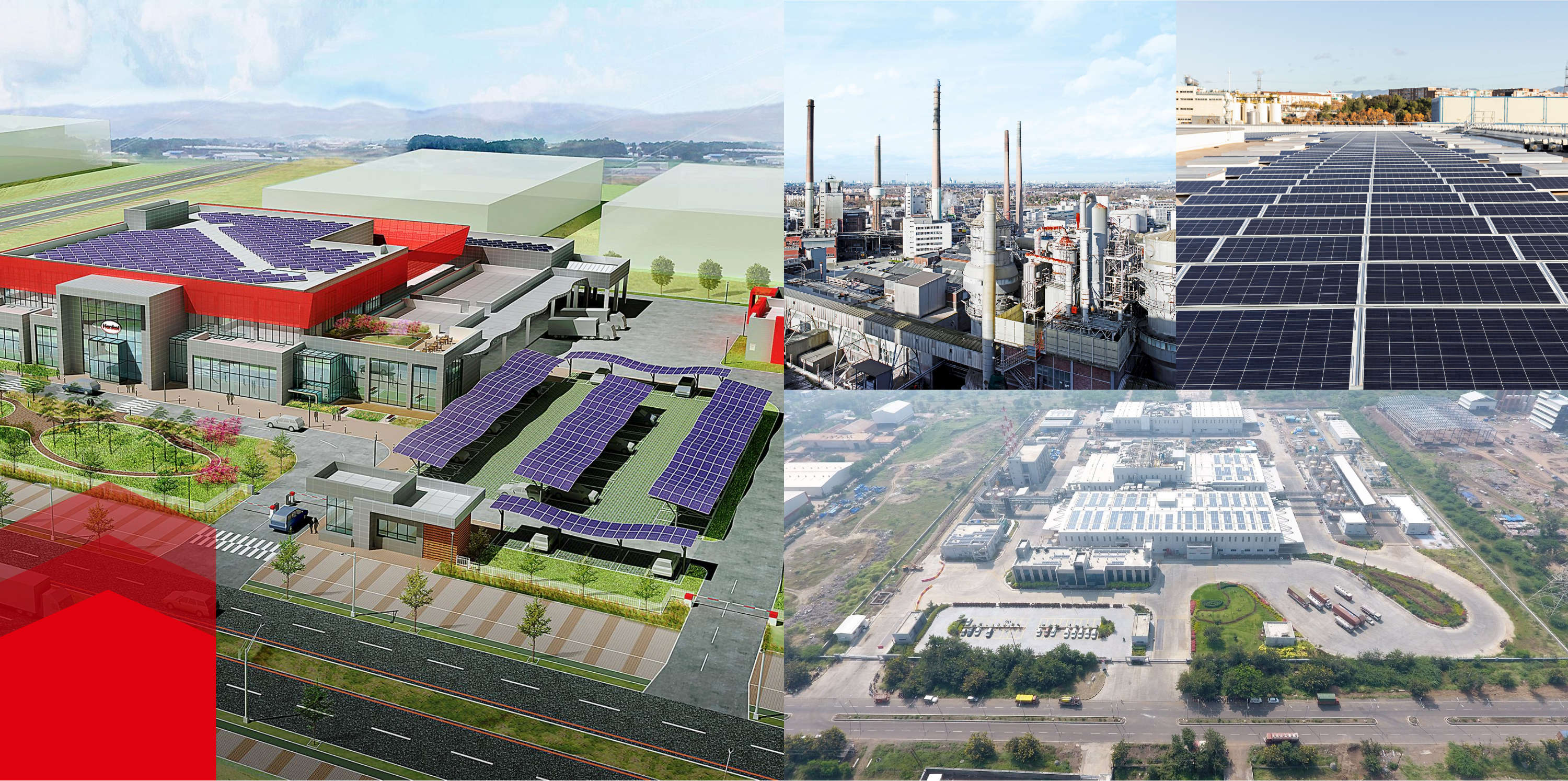 Collage av bilder av bygninger med solcellepaneler og store fabrikker 